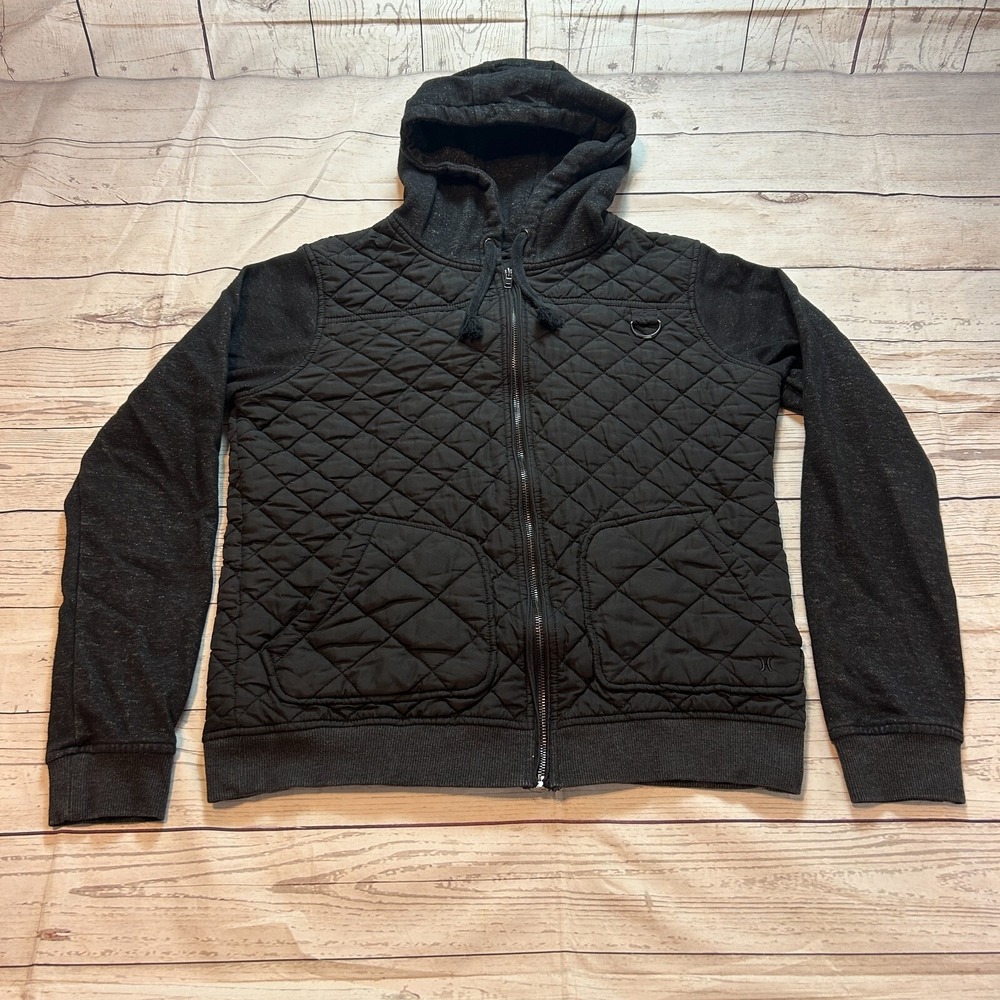 Hurley Hooded Sweatshirt Full Zip Gray Black Quilted Pockets Youth Boys XL